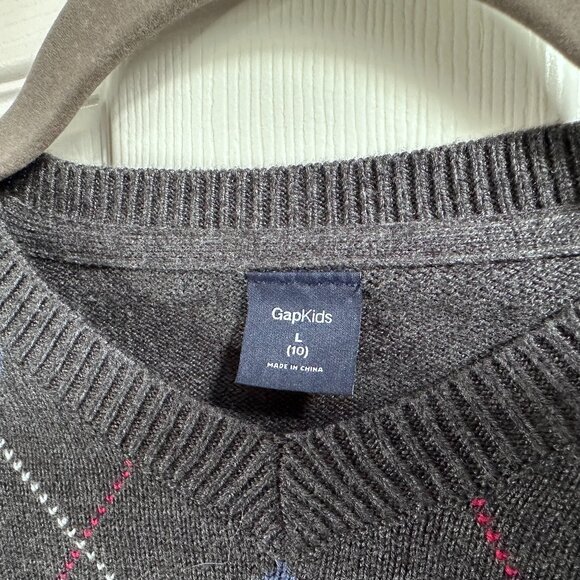 Gap Kids Boy's Large Sz 10 Gray & Blue Argyle V-neck Sweater Preppy Academia - Picture 3 of 7